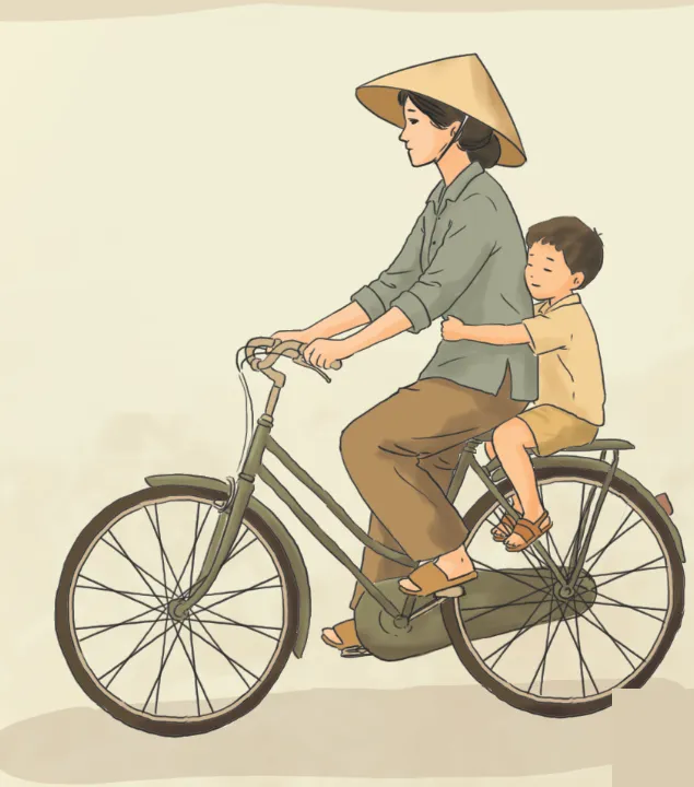 Minh họa từ bìa sách: người mẹ đội nón lá chở con trên xe đạp